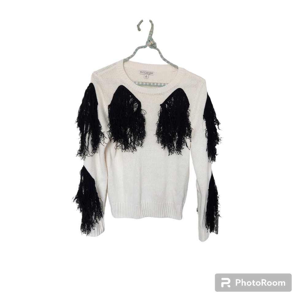 Eva Mendes New York & Co White Knit Sweater with Black Fringe Pom Poms Med